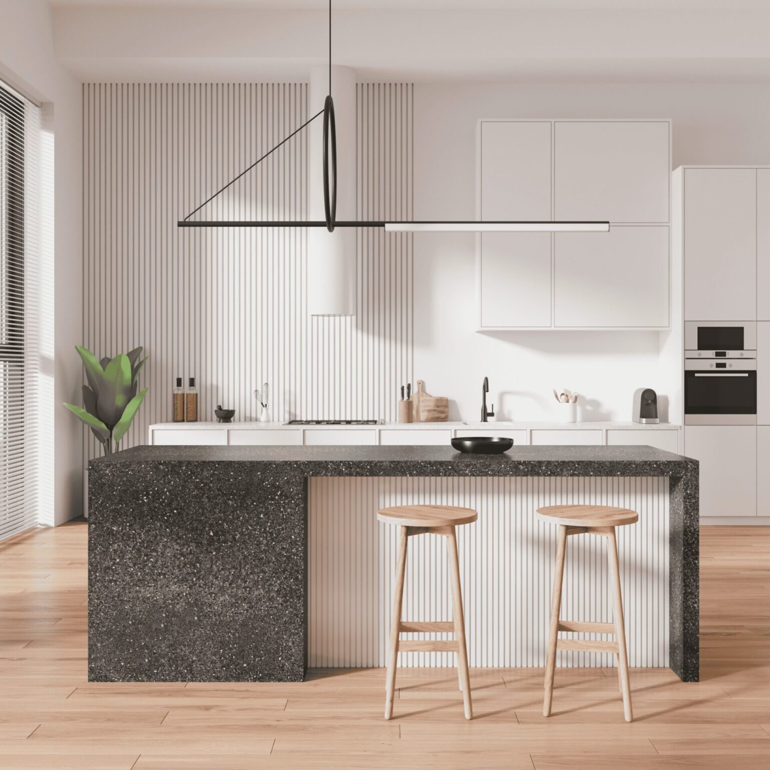 Modern minimalist kitchen with island, stools, and large window