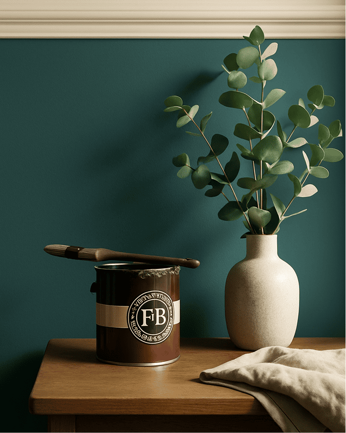 Paint can on an wooden table besides a planter in room with green walls