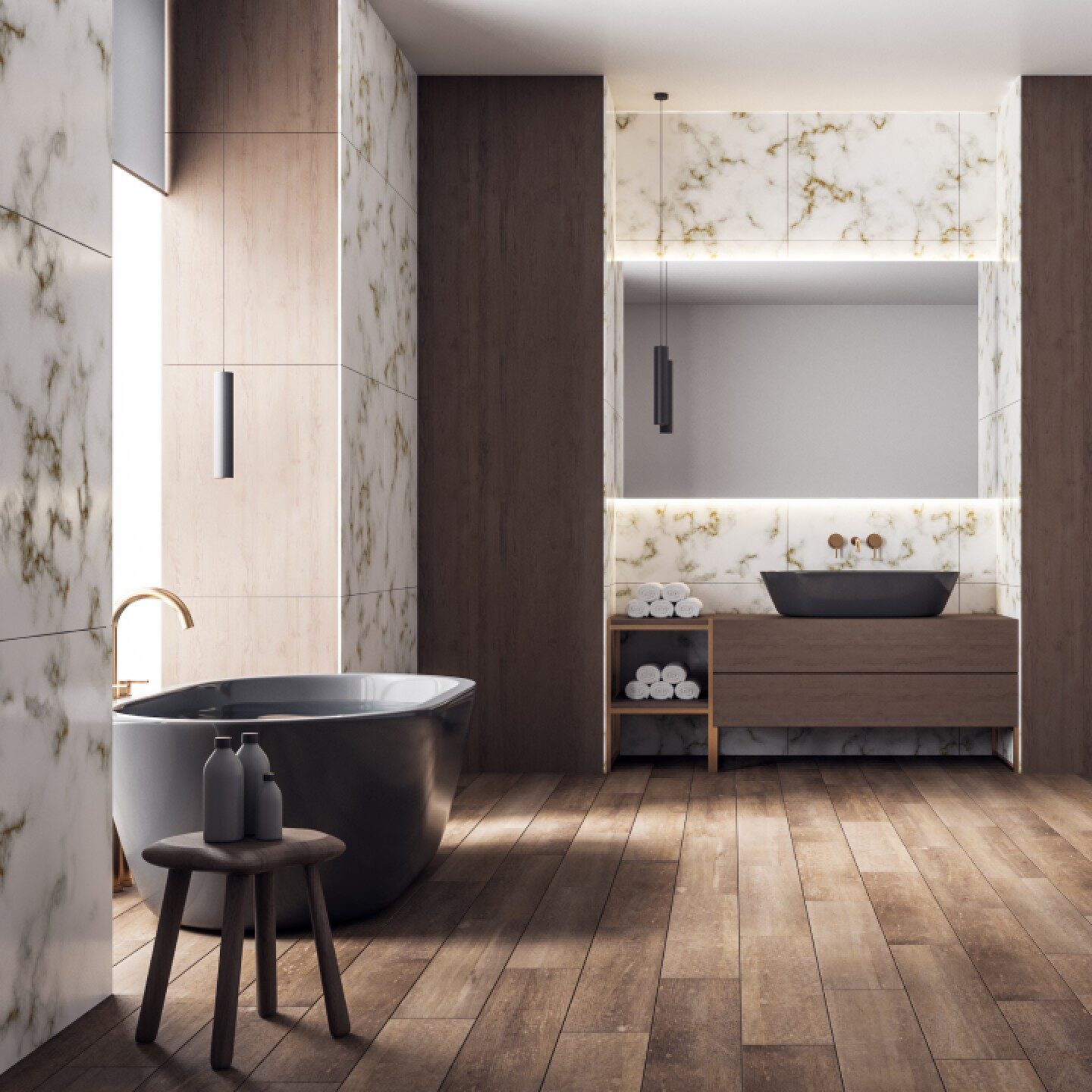 Wood style tile in modern bathroom