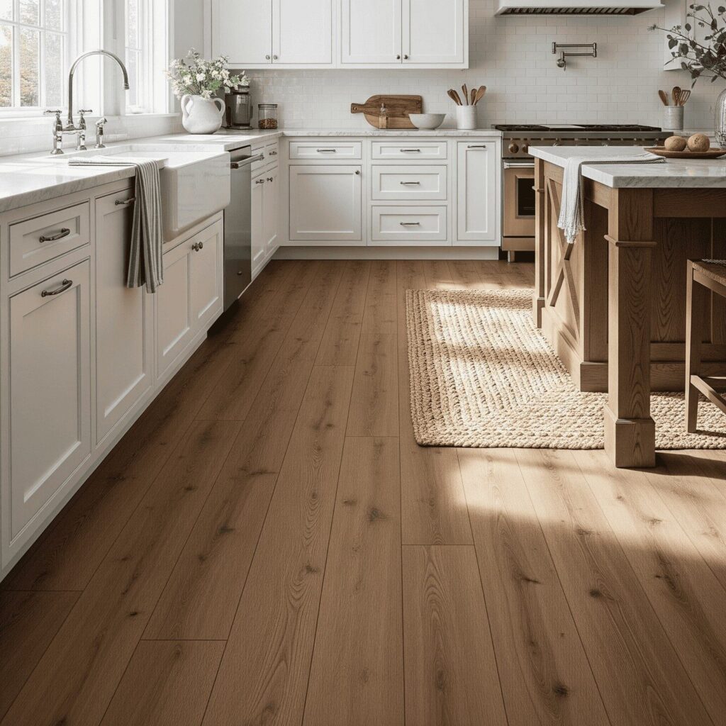 Luxury vinyl flooring in a large farmhouse style kitchen
