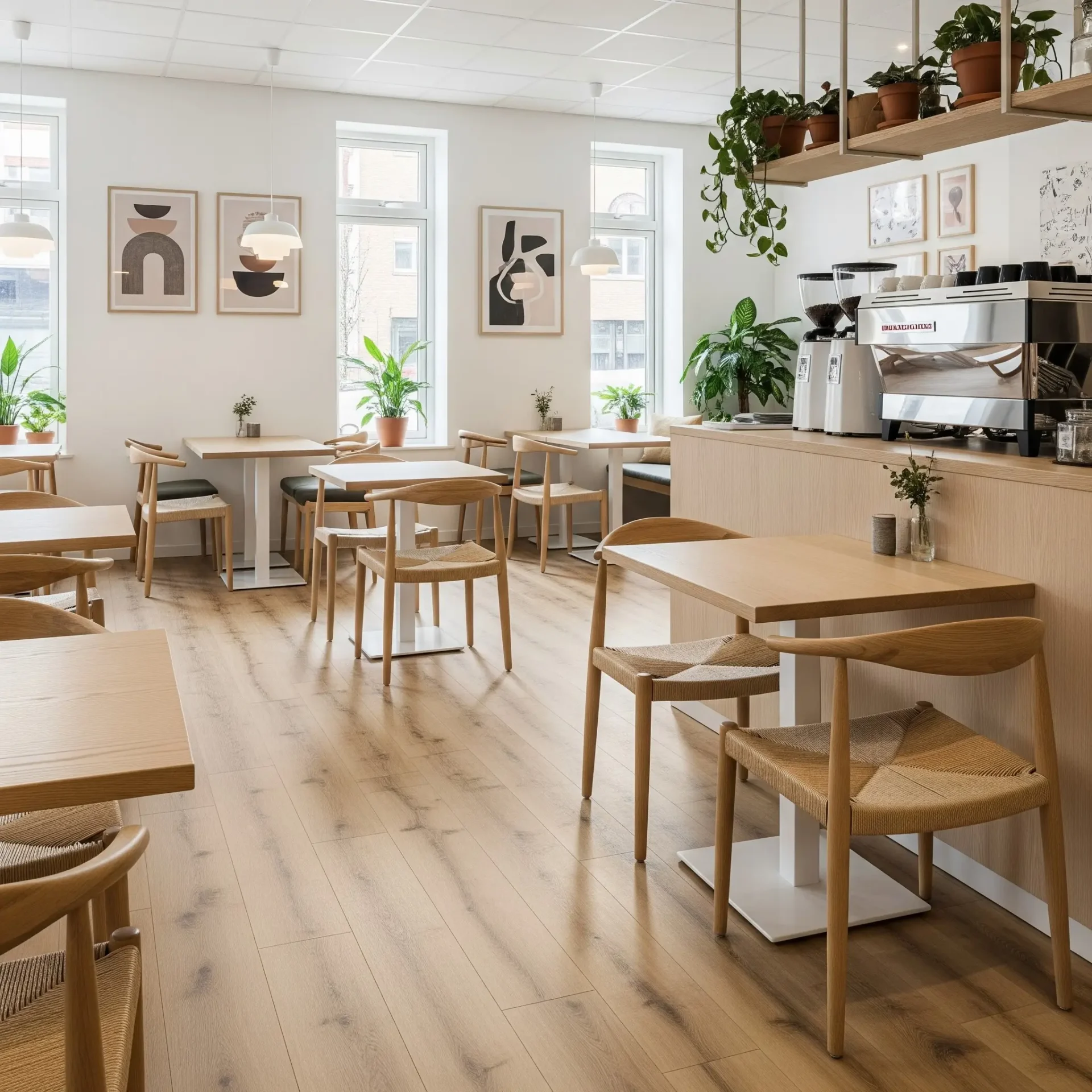 Bright café interior featuring light wood flooring, wooden tables, and woven chairs.