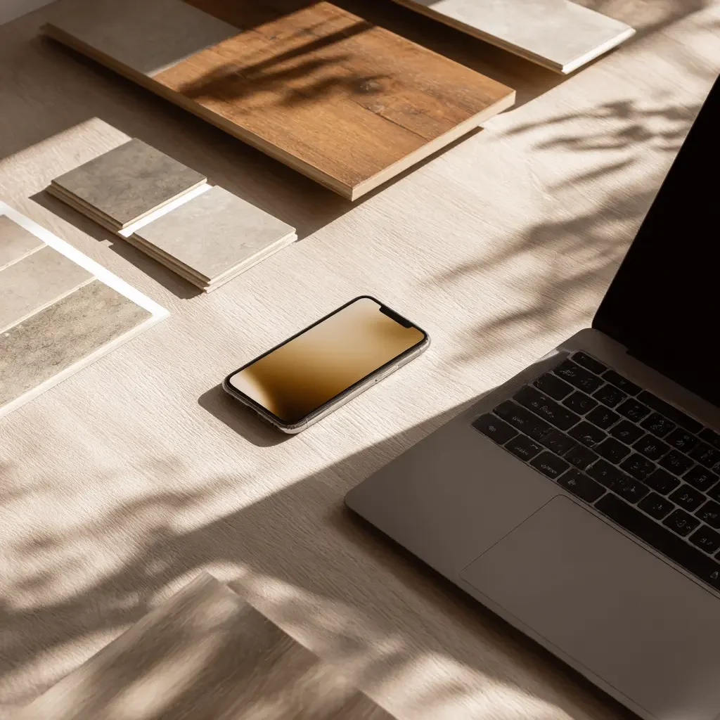 Desktop workspace with a laptop, smartphone, and various flooring material samples.