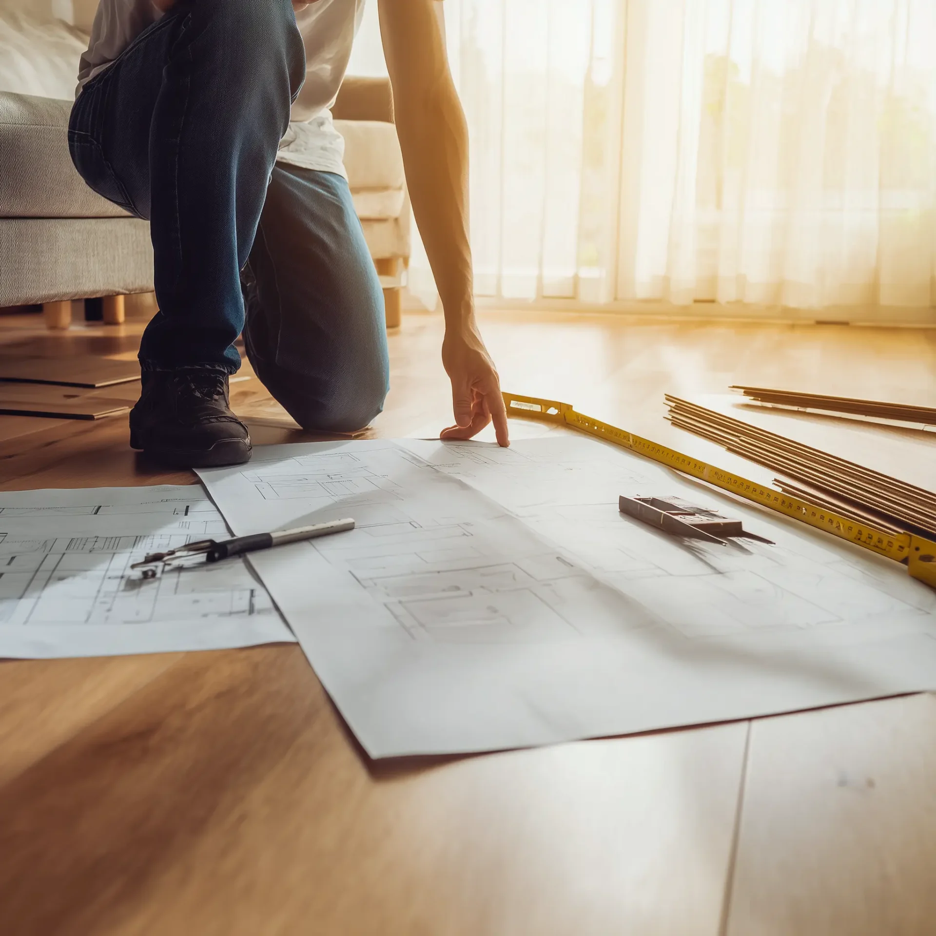 Person kneeling on wood flooring reviewing floor plans alongside measuring tools.