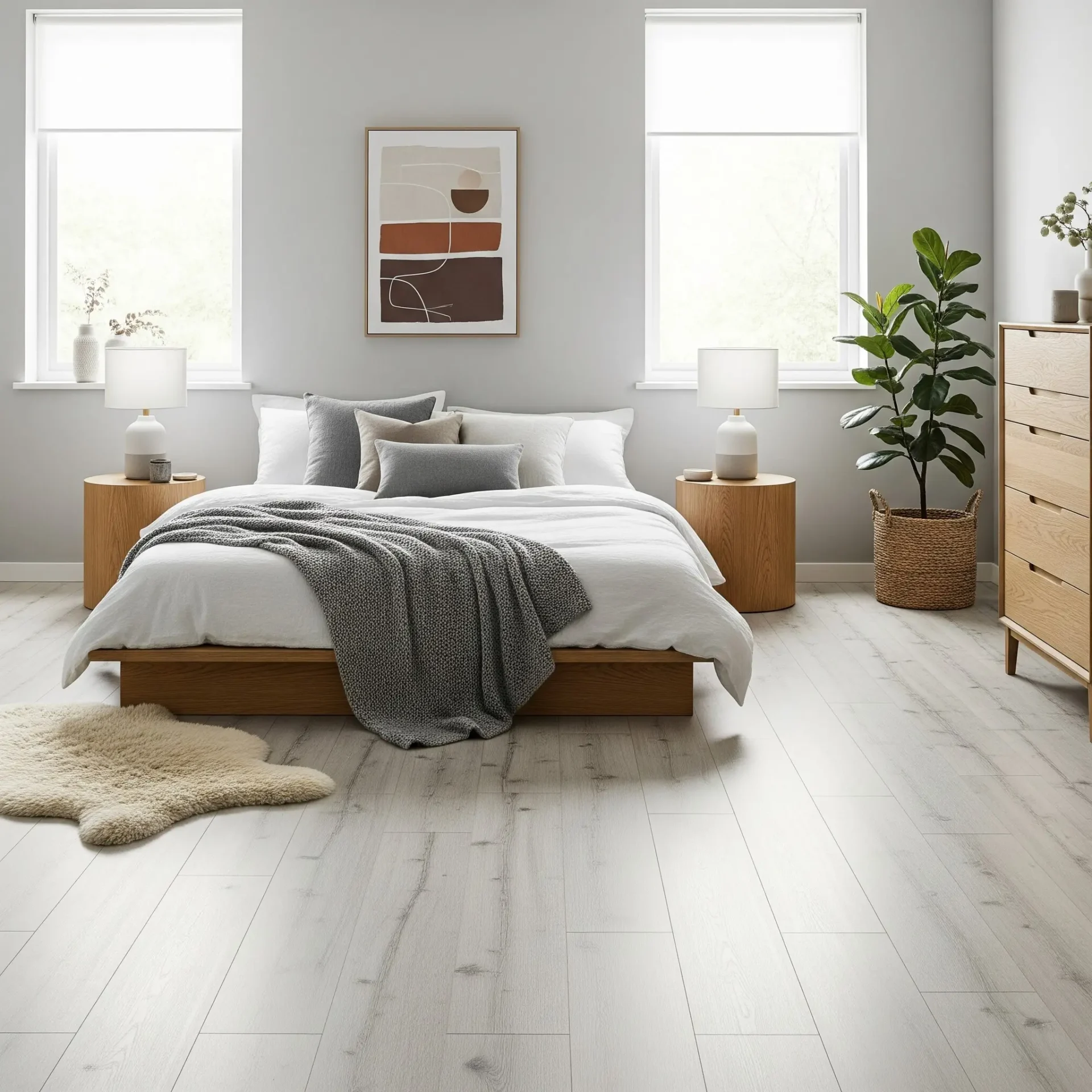 Modern bedroom with light wood-grain flooring, neutral bedding, and wooden nightstands.